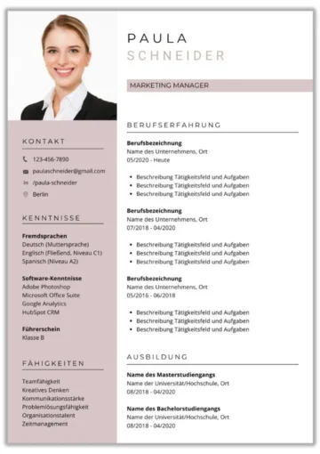 Professionelle einseitige tabellarische Lebenslauf Vorlage in Word Format mit modernem Design und klarer Struktur