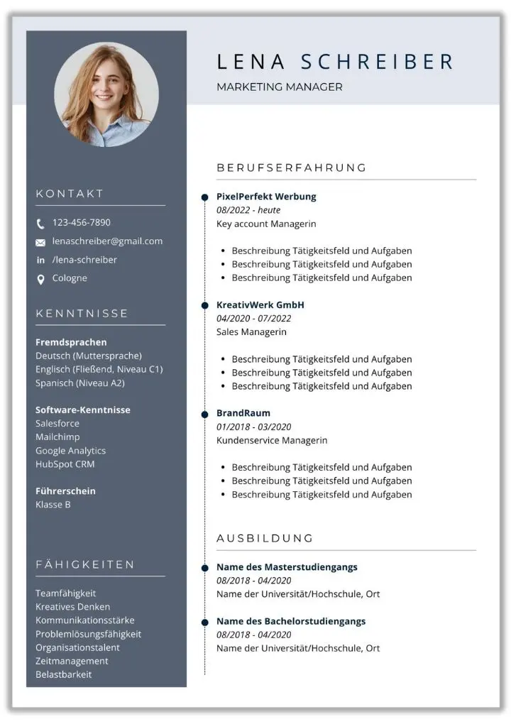 Zeitstrahl Lebenslauf – Seite 1 Dateiname zeitstrahl-lebenslauf-vorlage-seite-1.pdf Alt-Text Zeitstrahl Lebenslauf Vorlage mit vertikaler Zeitachse und chronologischer Darstellung der Berufserfahrung Bildunterschrift (Caption) Zeitstrahl Lebenslauf mit klarer Chronologie und moderner Struktur Beschreibung Einseitige Zeitstrahl Lebenslauf Vorlage mit vertikalem Zeitstrahl, die berufliche Stationen entlang einer klaren Zeitachse darstellt. Besonders geeignet für chronologische Lebensläufe, strukturierte Bewerbungen und übersichtliche Darstellung von Erfahrung. Zeitstrahl Lebenslauf – Seite 2 Dateiname zeitstrahl-lebenslauf-vorlage-seite-2-berufserfahrung.pdf Alt-Text Mehrseitiger Zeitstrahl Lebenslauf mit detaillierter Berufserfahrung und klaren Zeitangaben Bildunterschrift (Caption) Mehr Platz für Berufserfahrung im Zeitstrahl Lebenslauf Beschreibung Zweite Seite der Zeitstrahl Lebenslauf Vorlage mit erweitertem Raum für Berufserfahrung, Projekte und zeitliche Überschneidungen im Lebenslauf. Ideal für berufserfahrene Professionals mit vielen Stationen. Zeitstrahl Lebenslauf – Seite 3 Dateiname zeitstrahl-lebenslauf-vorlage-seite-3-ausbildung-projekte.pdf Alt-Text Zeitstrahl Lebenslauf mit Ausbildung, Projekten und Weiterbildungen in zeitlicher Reihenfolge Bildunterschrift (Caption) Ausbildung und Projekte klar auf der Zeitlinie dargestellt Beschreibung Dritte Seite der Zeitlinie Lebenslauf Vorlage für Ausbildung, Weiterbildungen, Projekte und zusätzliche Stationen. Die visuelle Zeitleiste sorgt für eine saubere Lebenslauf Gliederung und schnelle Orientierung. Anschreiben & Deckblatt (Mockup) Dateiname anschreiben-deckblatt-bewerbung-zeitstrahl-lebenslauf.pdf Alt-Text Anschreiben und Deckblatt Mockup passend zum Zeitstrahl Lebenslauf für Bewerbungen Bildunterschrift (Caption) Anschreiben und Deckblatt im einheitlichen Design Beschreibung Mockup mit Anschreiben und Deckblatt Bewerbung, visuell abgestimmt auf den Zeitstrahl Lebenslauf. Ideal für eine vollständige Bewerbungsmappe mit konsistentem, professionellem Erscheinungsbild. Motivationsschreiben, Anlagen & Referenzen (Mockup) Dateiname motivationsschreiben-anlagen-referenzen-zeitstrahl-bewerbung.pdf Alt-Text Motivationsschreiben, Anlagen und Referenzen Mockup passend zum Zeitstrahl Lebenslauf Bildunterschrift (Caption) Ergänzende Bewerbungsunterlagen im Zeitstrahl Design Beschreibung Mockup mit Motivationsschreiben, Anlagen Bewerbung und Referenzen, abgestimmt auf den Lebenslauf als Zeitstrahl. Ergänzt die Bewerbungsunterlagen sinnvoll bei umfangreicher Erfahrung, Projekten oder formellen Bewerbungen