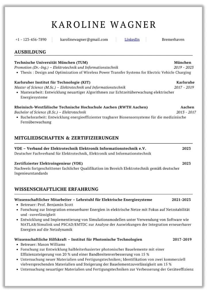 Akademischer Lebenslauf einseitig für Bewerbung in Forschung und Lehre