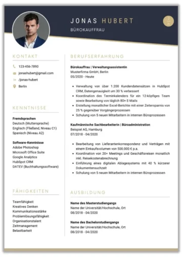 Lebenslauf Bürokauffrau einseitig – tabellarischer Lebenslauf Muster modern als Word, Google Docs, Apple Pages, Canva Vorlage und herunteladen als PDF