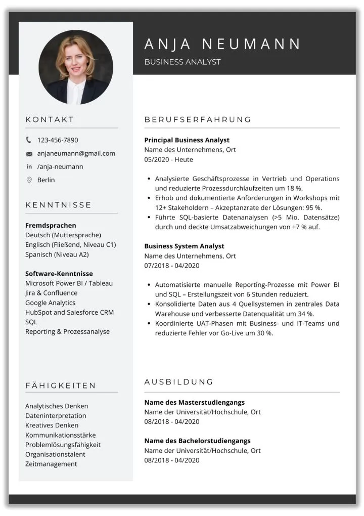 Lebenslauf Vorlage Business Analyst einseitig – professionelles Resume Muster