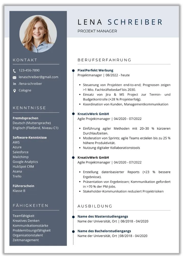 Einseitige Lebenslauf Vorlage Projektmanager zweispaltig mit Zeitleiste für Scrum, Jira, MS Project, Kommunikation und Teamfähigkeit