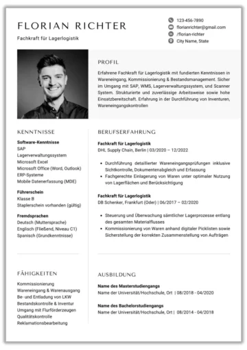Lebenslauf Vorlage Fachkraft für Lagerlogistik einseitig