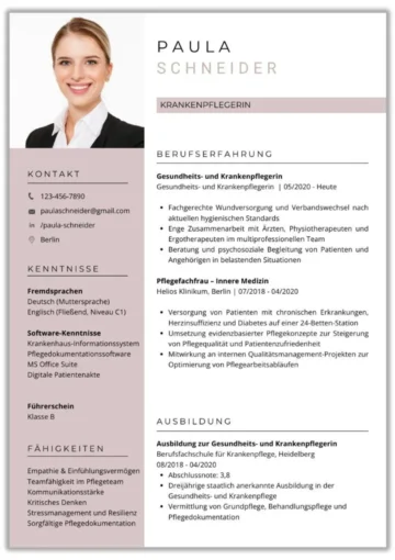 Lebenslauf Krankenschwester eine Seite – tabellarischer Lebenslauf Muster für Pflegefachkraft als einseitige Vorlage