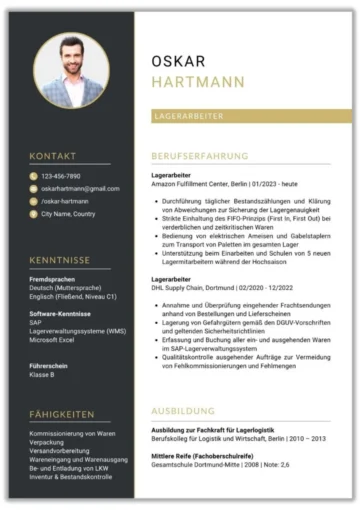 Lebenslauf Vorlage Lagerarbeiter einseitig – eine Seite, übersichtlich strukturiert für Bewerbungen als Lagerhelfer oder Lagermitarbeiter.