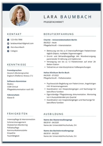 Tabellarischer Lebenslauf Pflegefachkraft einseitig – Vorlage mit Intensivpflege und Palliativpflege Berufserfahrung.