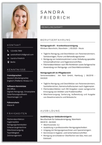 Einseitige Lebenslauf Vorlage für Reinigungskraft mit professionellem Layout für Bewerbungsunterlagen