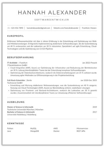 Tabellarischer Lebenslauf Softwareentwickler einseitig