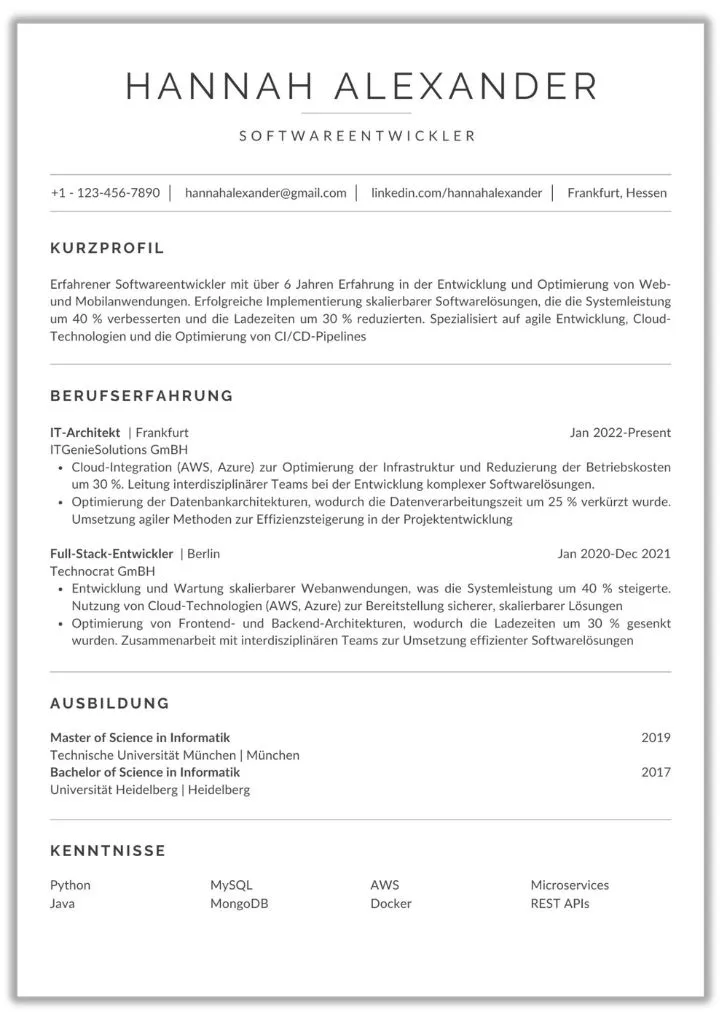 Tabellarischer Lebenslauf Softwareentwickler einseitig