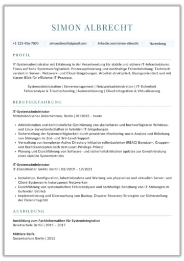 Tabellarischer Lebenslauf IT Systemadministrator 1 Seite Vorlage