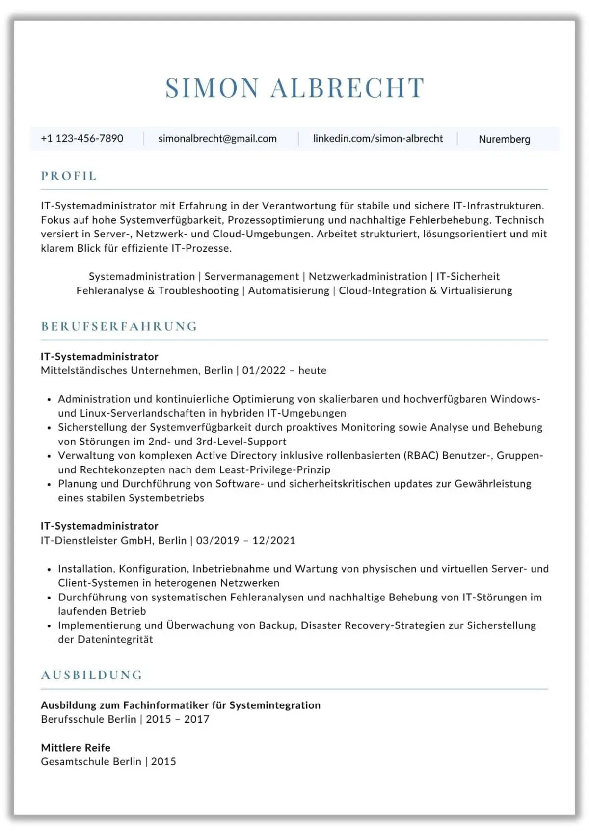 Tabellarischer Lebenslauf IT Systemadministrator 1 Seite Vorlage