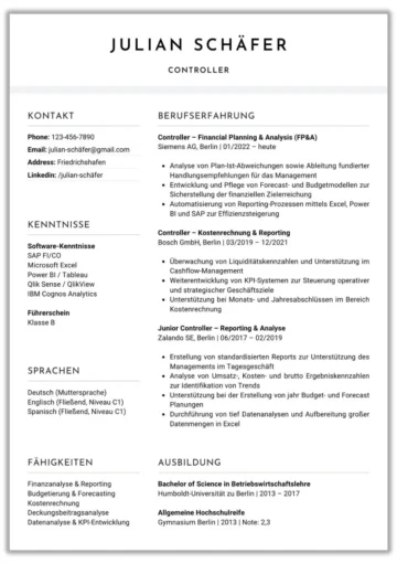 Lebenslauf vorlage Controller professionell Word
