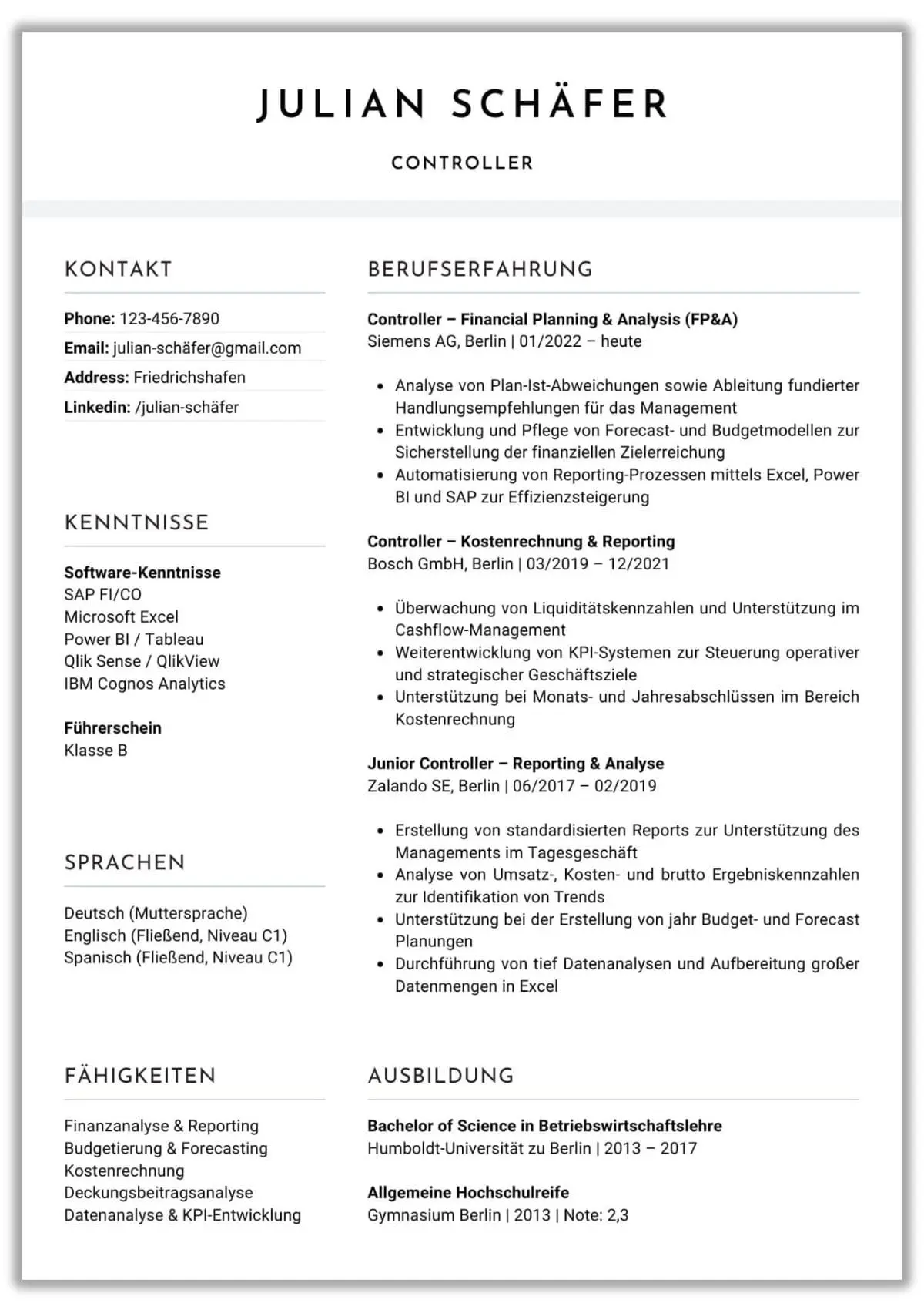 Lebenslauf vorlage Controller professionell Word