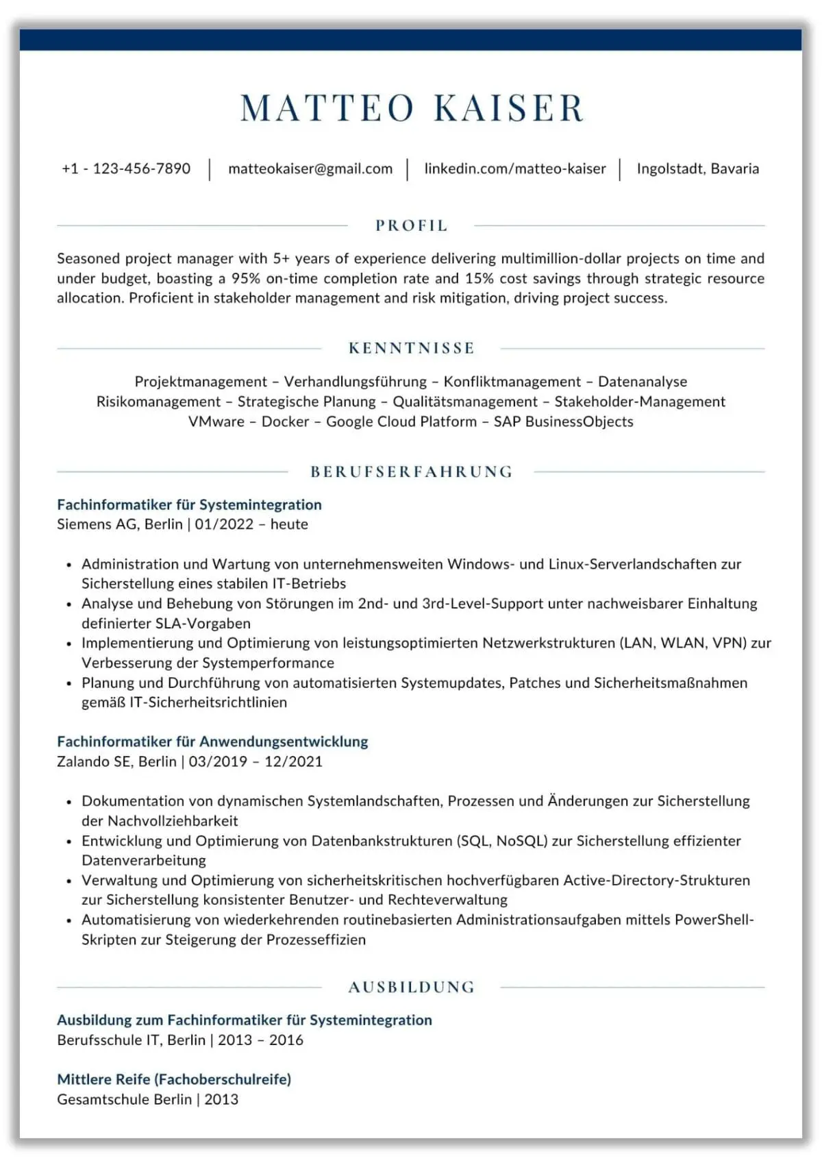 Lebenslauf Vorlage Fachinformatiker einseitig Word ATS