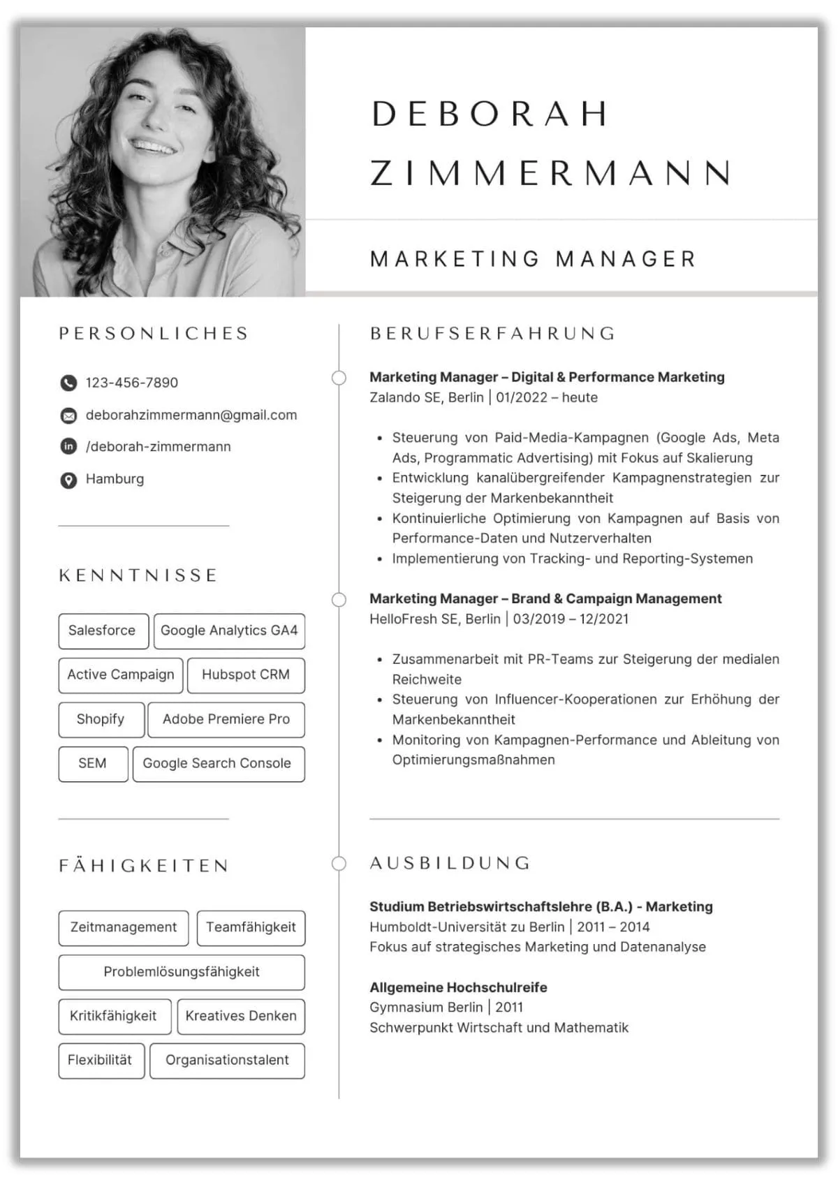 Lebenslauf Vorlage Canva mit modernem tabellarischem Lebenslauf für Marketing Manager und professionelle Bewerbungen