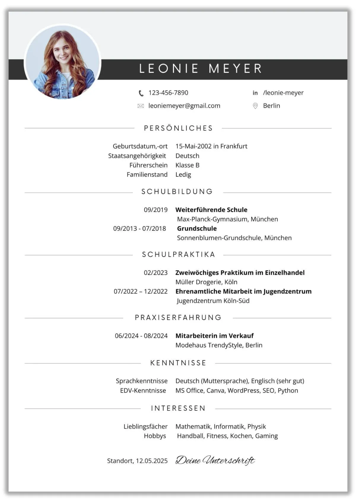 Lebenslauf Vorlage Schüler für Praktikum, Ausbildung und erste Bewerbungen in Microsoft Word