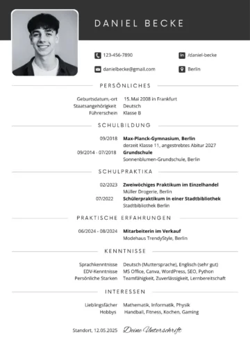 Lebenslauf Vorlage Schülerpraktikum für die 8., 9. und 10. Klasse als tabellarischer Lebenslauf in Word