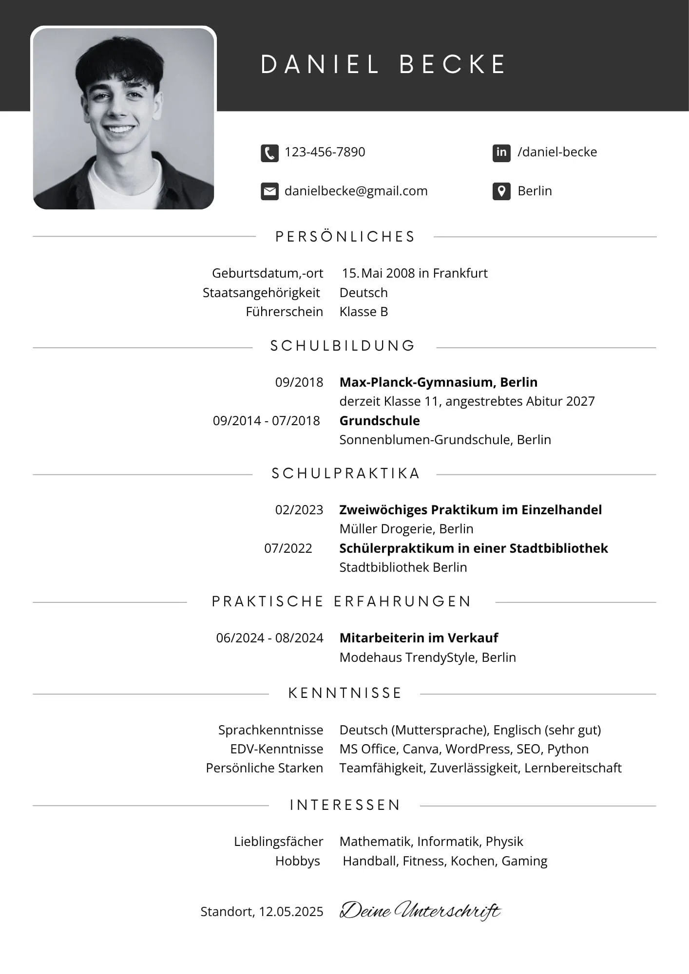 Lebenslauf Vorlage Schülerpraktikum für die 8., 9. und 10. Klasse als tabellarischer Lebenslauf in Word