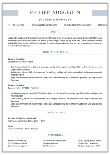 Lebenslauf Vorlage Backend Entwickler – ATS-optimierte Word Vorlage
