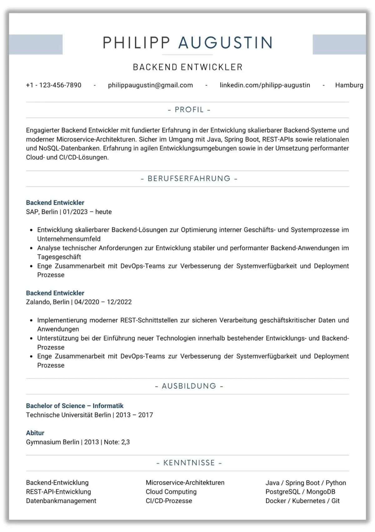 Lebenslauf Vorlage Backend Entwickler – ATS-optimierte Word Vorlage