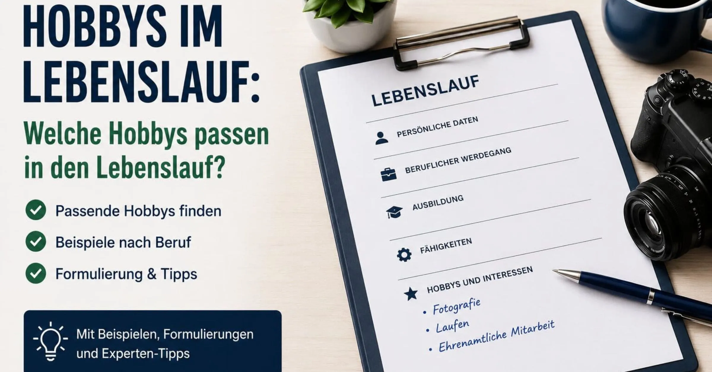 Hobbys im Lebenslauf: Muster-Lebenslauf mit Bereich „Hobbys und Interessen“ sowie Beispiele für passende Hobbys wie Fotografie, Laufen und Ehrenamt.