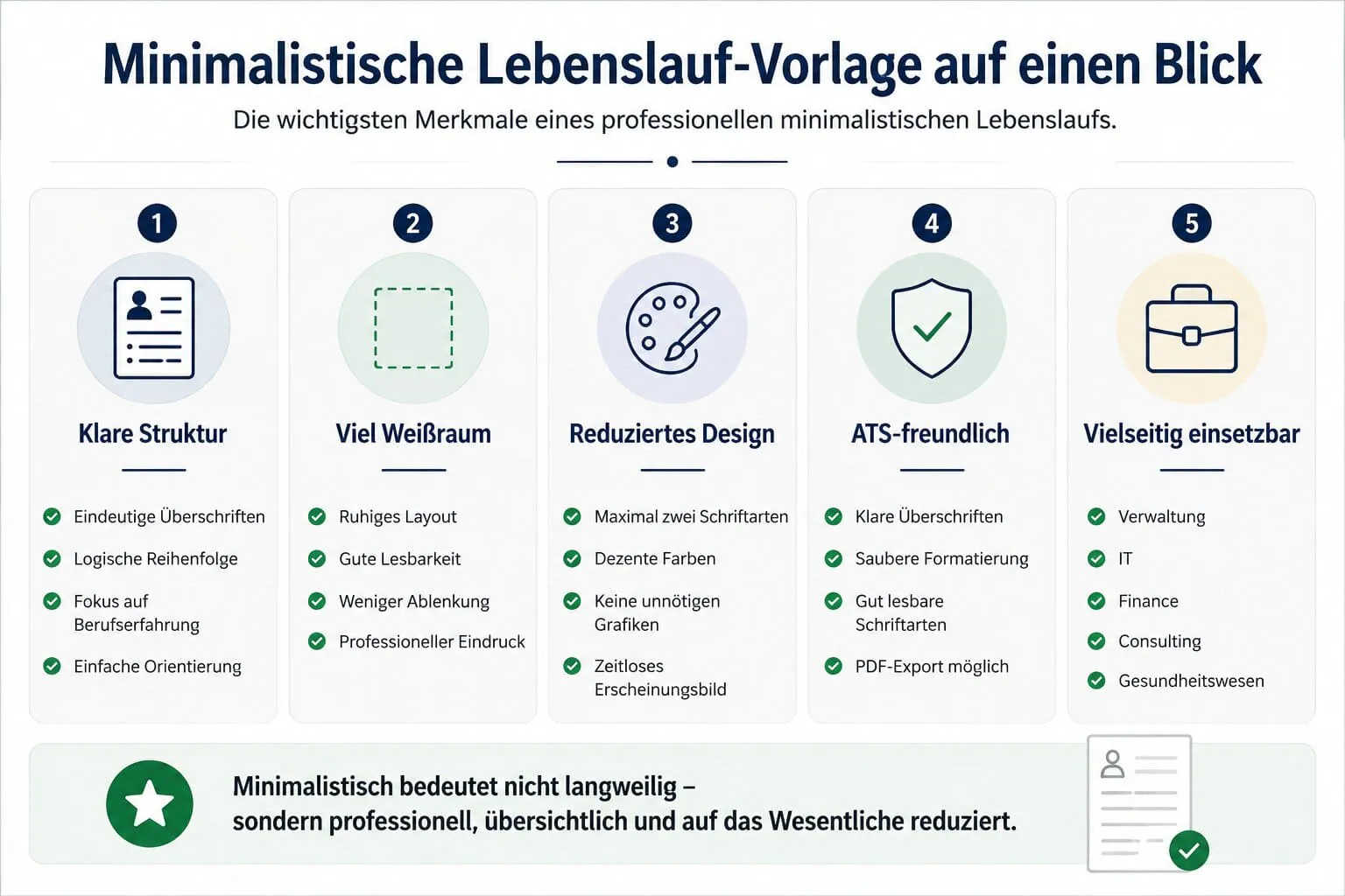 Infografik mit den wichtigsten Merkmalen einer minimalistischen Lebenslauf-Vorlage: klare Struktur, viel Weißraum, reduziertes Design, ATS-freundlich und für viele Branchen geeignet.