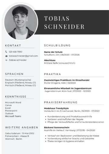 Lebenslauf Vorlage für eine Bewerbung um einen Ausbildungsplatz