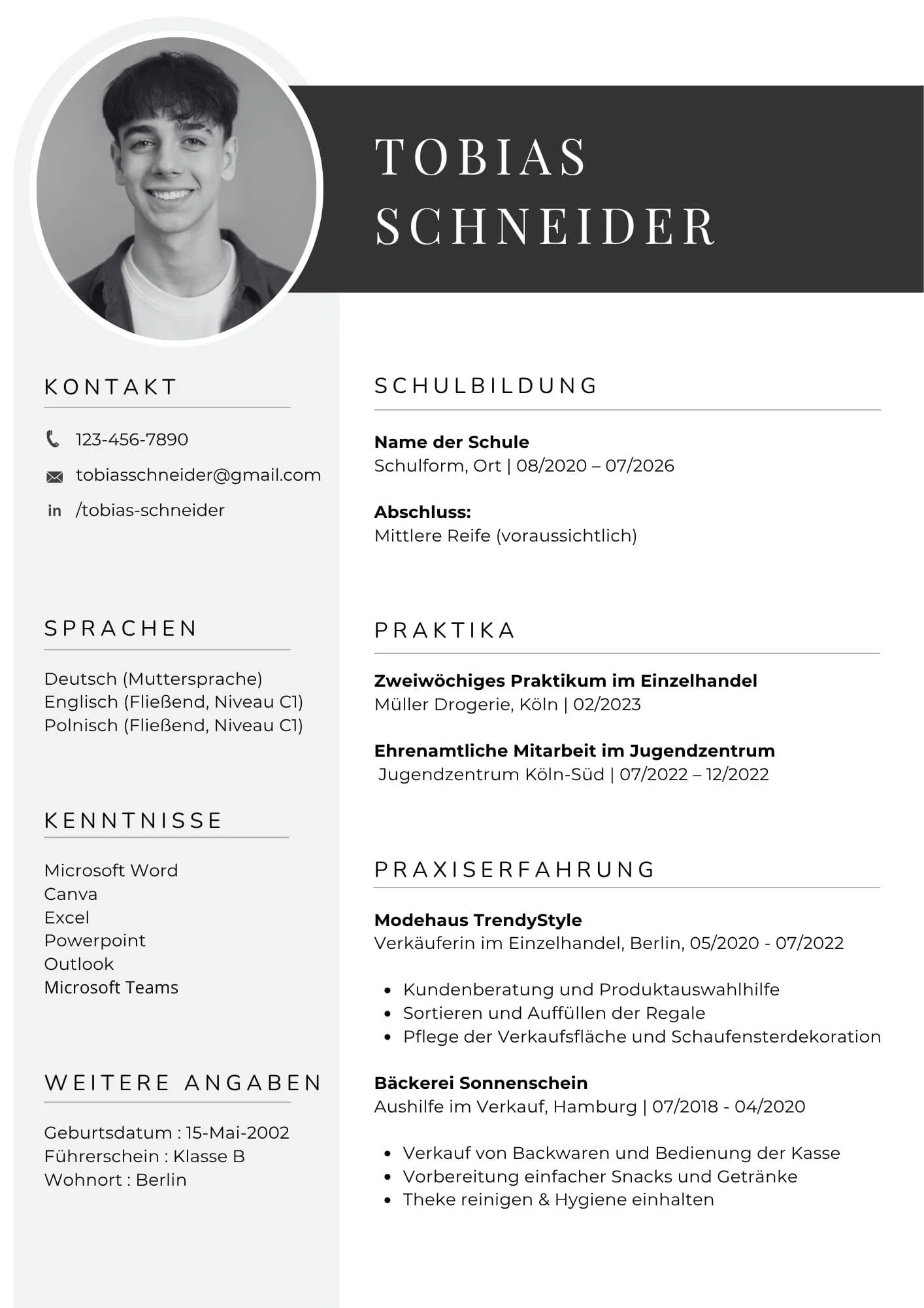 Lebenslauf Vorlage für eine Bewerbung um einen Ausbildungsplatz