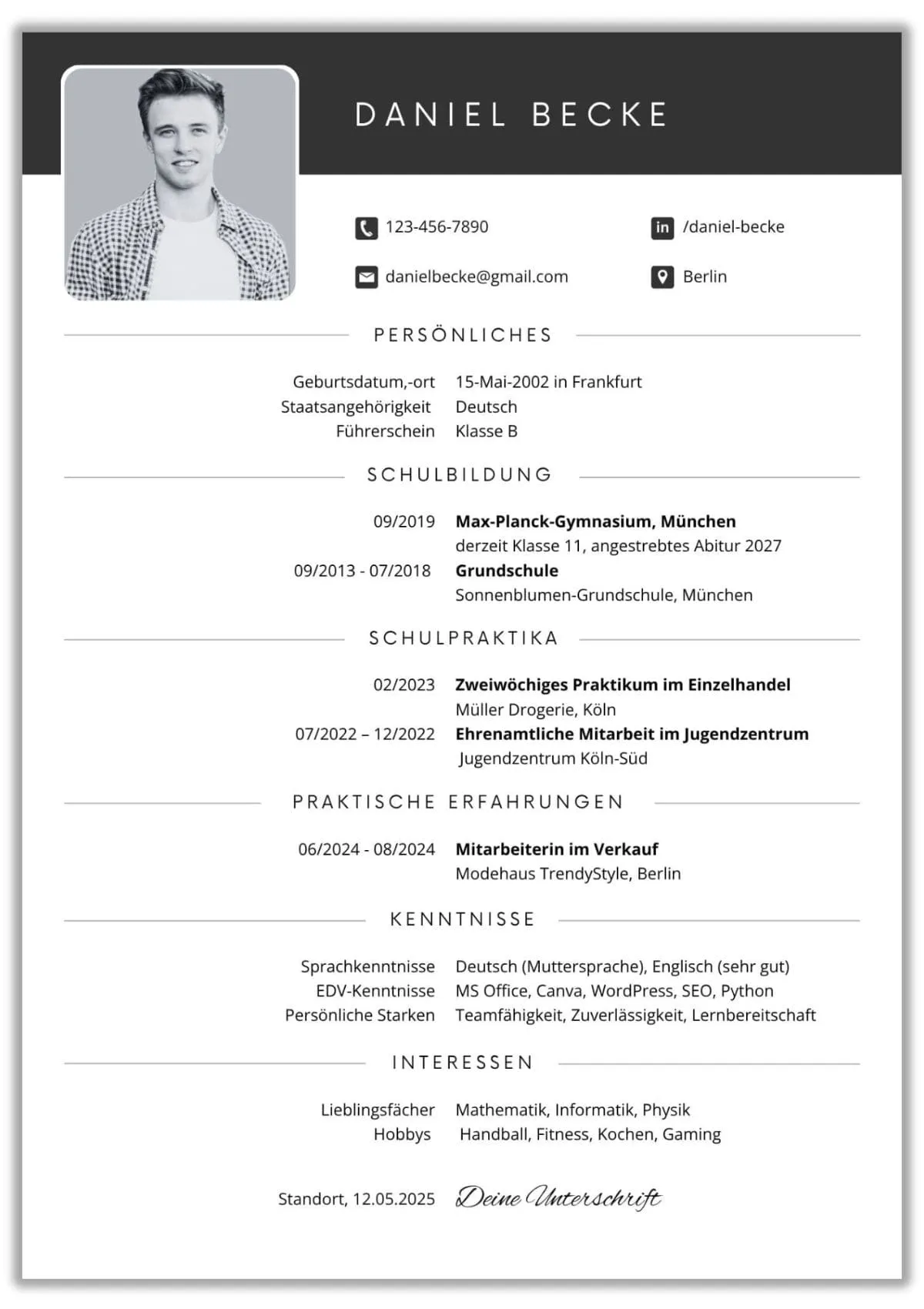 Lebenslauf Vorlage Schülerpraktikum