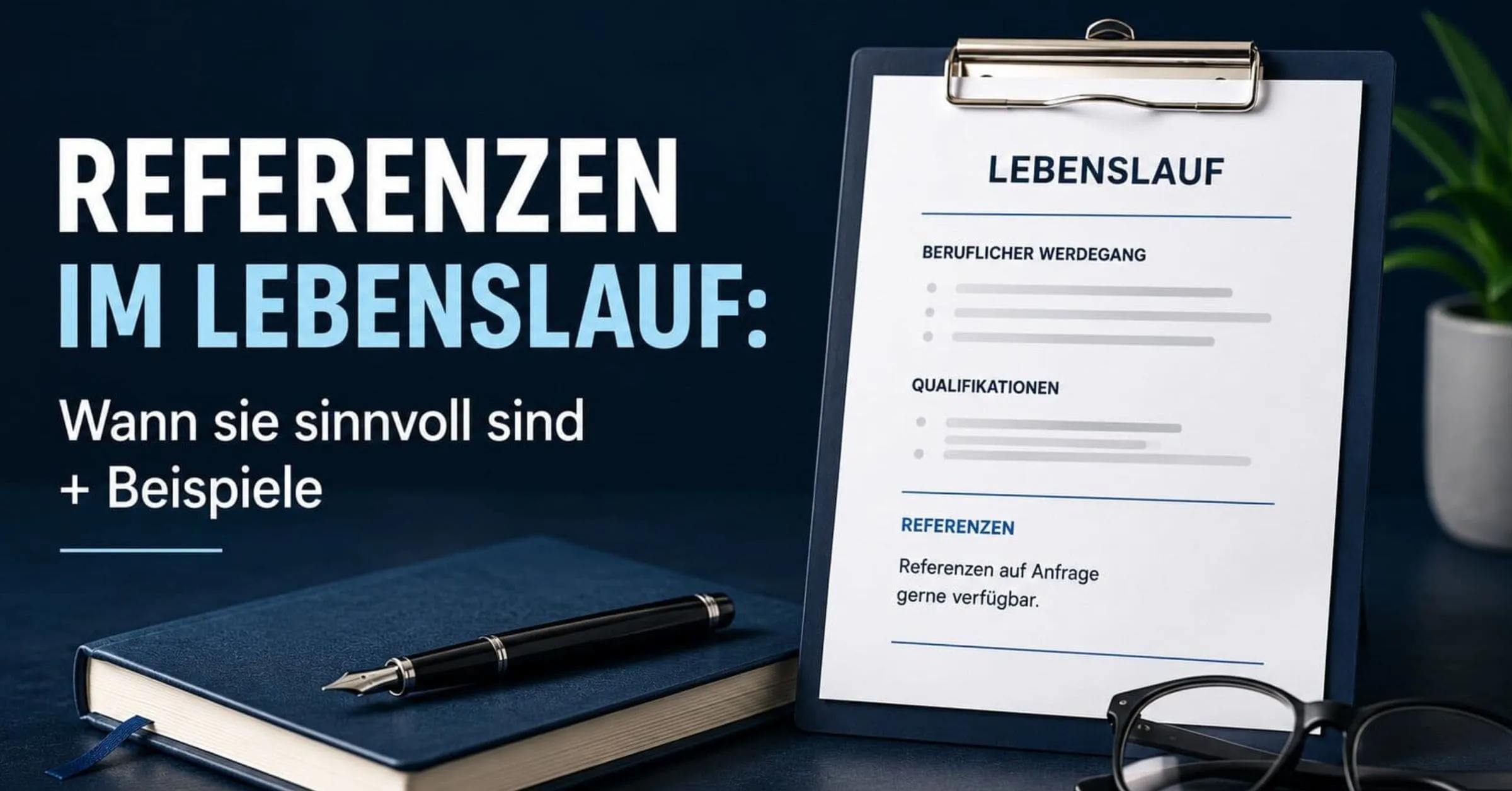Referenzen im Lebenslauf: Muster-Lebenslauf auf Klemmbrett mit dem Titel „Referenzen im Lebenslauf – Wann sie sinnvoll sind + Beispiele