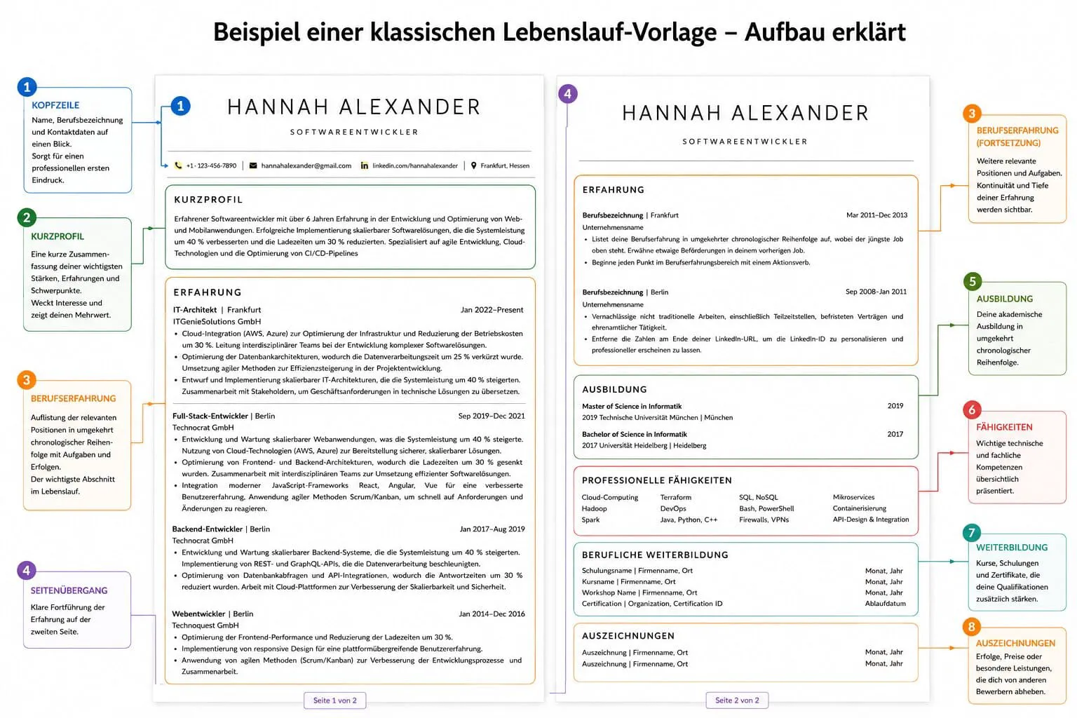 Klassische Lebenslauf-Vorlage mit markierten Bereichen für Kurzprofil, Berufserfahrung, Ausbildung, professionelle Fähigkeiten, Weiterbildung und Auszeichnungen