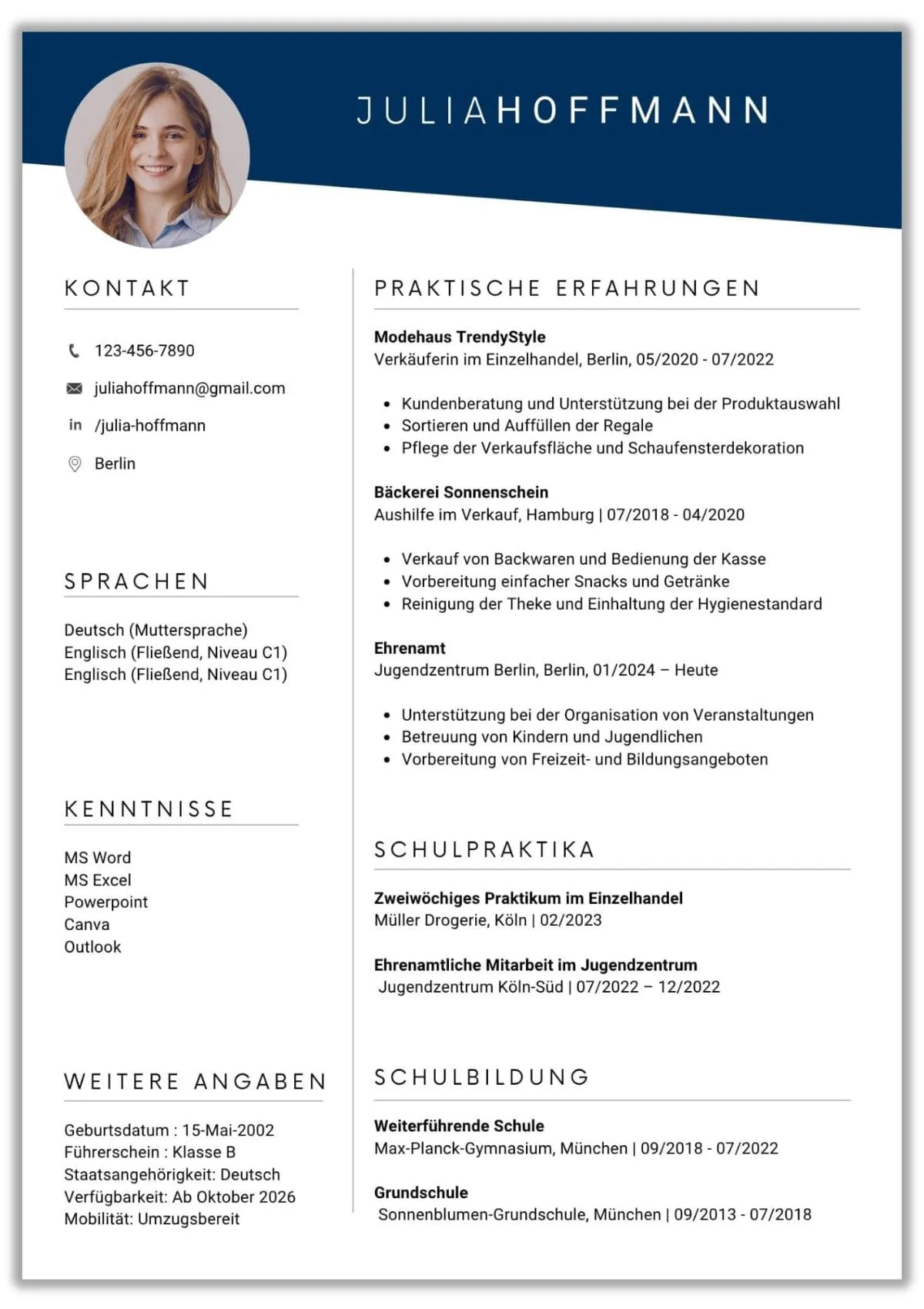 Lebenslauf Vorlage Duales Studium