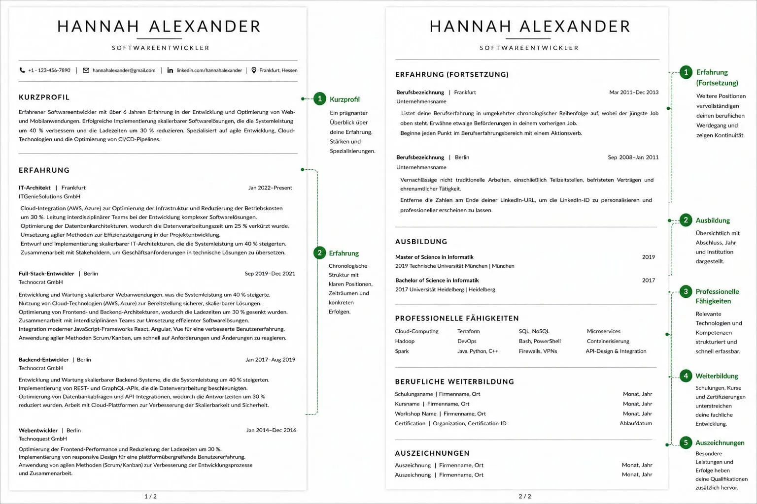 Minimalistische Lebenslauf-Vorlage mit markierten Bereichen für Kurzprofil, Berufserfahrung, Ausbildung, professionelle Fähigkeiten, Weiterbildung und Auszeichnungen
